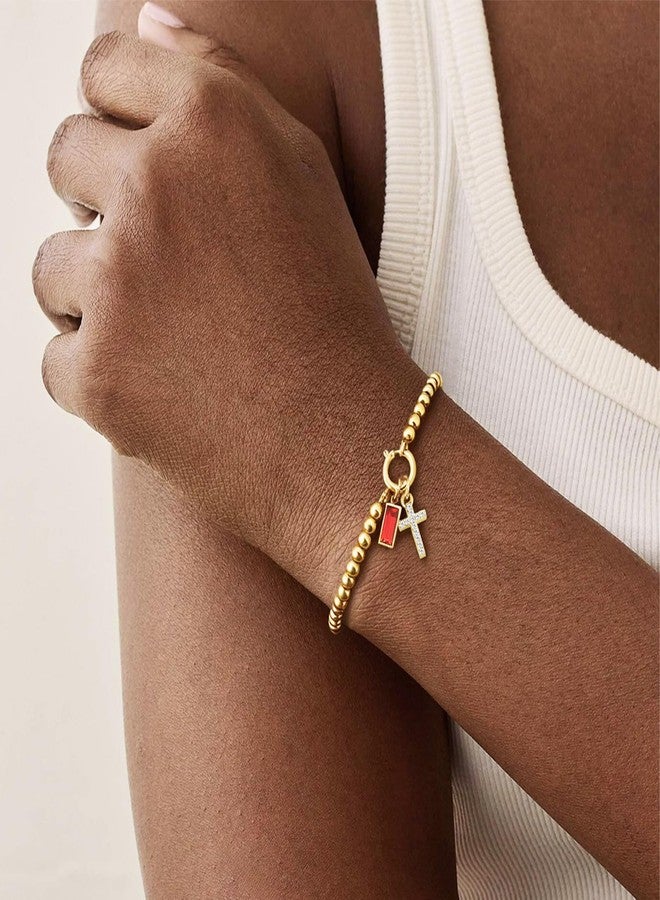 Korotho 14K Gold Plated July Birthstone Bracelet for Women Teens, Dainty July Ruby Red Birthstone Bead Bracelet Stretch Gold Cross Beaded Bracelets Jewelry Christmas Birthday Gifts for Her (7) - Image 2